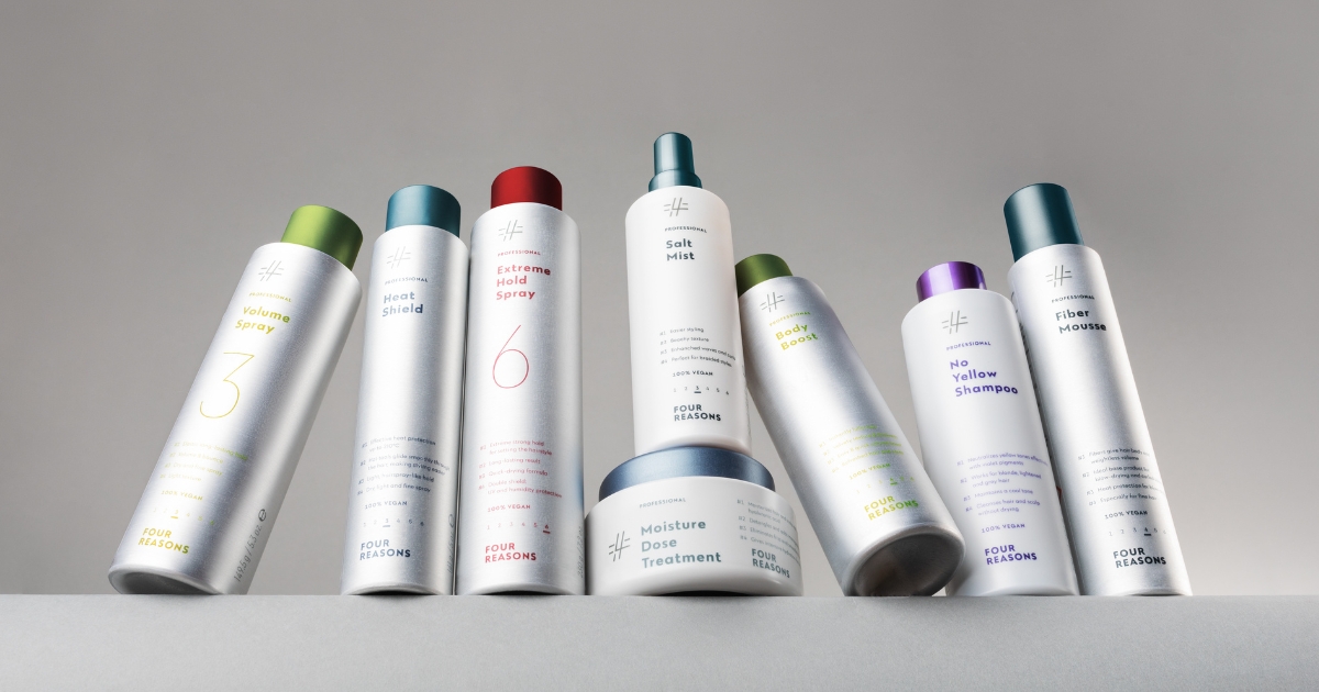 A group photo of Four Reasons Professional products. Salt Mist, No Yellow Shampoo, Fiber Mousse, Volume Spray, Extreme Hold Spray and Heat Shield